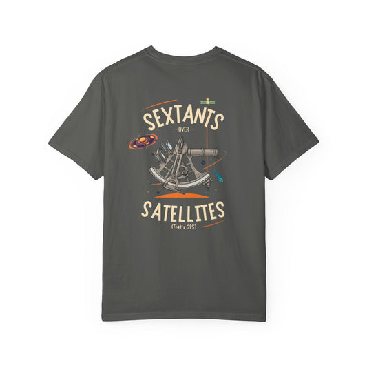 Sextants Over Satellites FOM 9 graphic tee with celestial navigation artwork