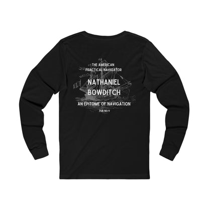 Bowditch FOM 9 unisex long sleeve tee with Nathaniel Bowditch navigation graphic