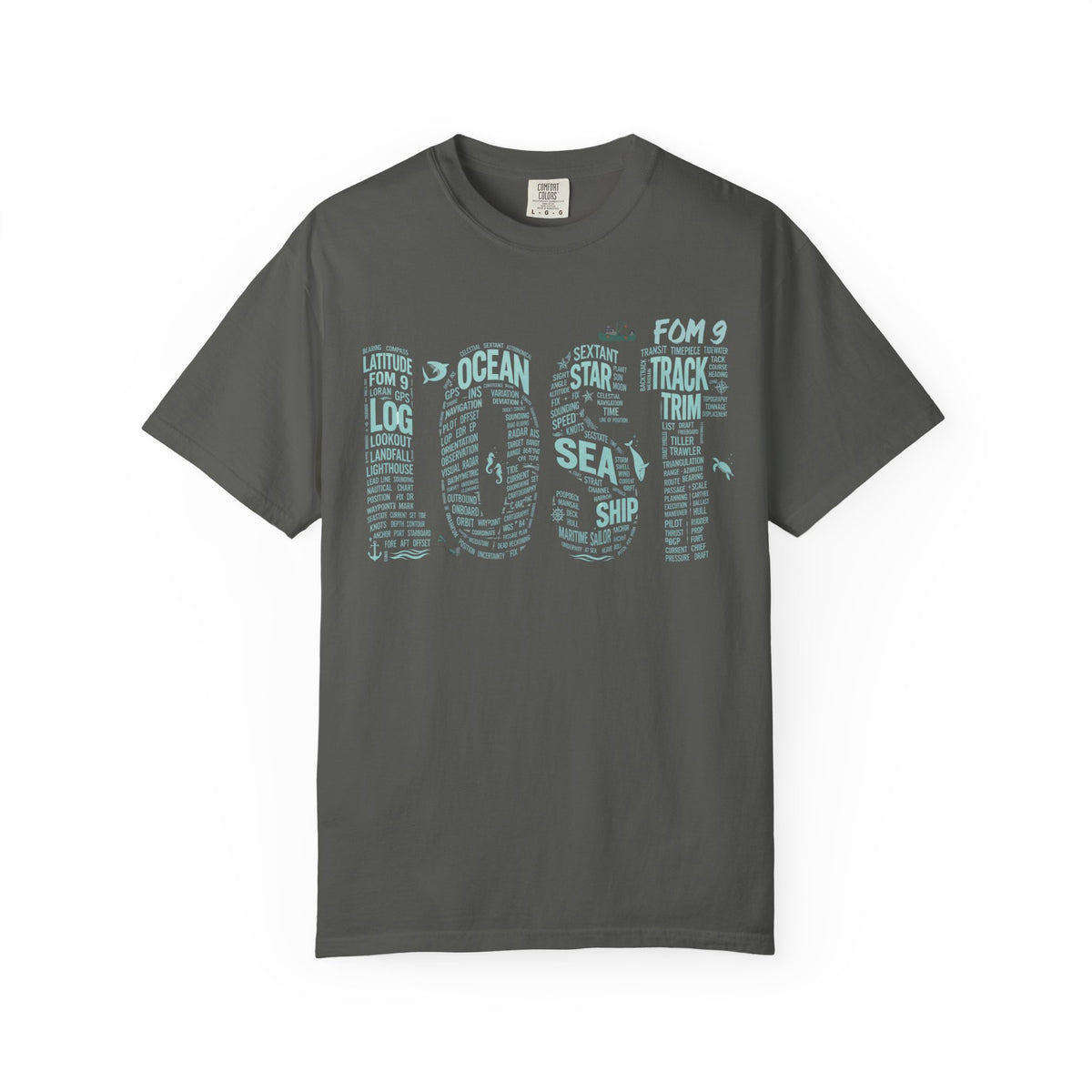 LOST Light FOM 9 graphic tee featuring a navigation word-cloud design
