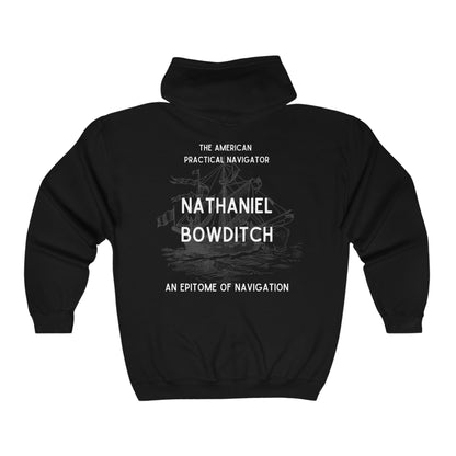Bowditch FOM 9 full-zip hoodie with Nathaniel Bowditch navigation graphic