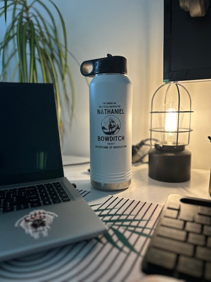 Bowditch FOM 9 32 oz water bottle with Nathaniel Bowditch navigation artwork